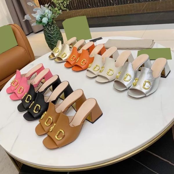 

fashion woman sandal designer sandals metal buckle mid-heel pumps retro block heel high heels 7cm open toe slippers women slipper size 35-41, Black