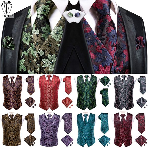 

men's vests hi-tie brand 30 colors silk mens vests jacquard paisley floral waist coat jacket necktie hanky cufflinks for men sleeveless, Black;white