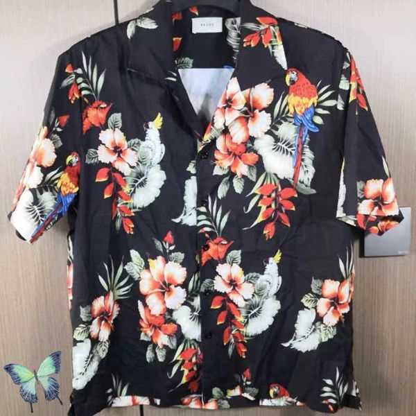 

rhude black parrot floral beach shirt full print hawaiian, White;black