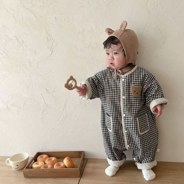 

jumpsuits baby loose romper infant cute bear jumpsuit for boys toddler girl casual plaid autumn fashion born clothes 230220, Blue