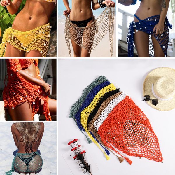 

lady swimwear cover-up hand hook beach overskirt stcy2129 solid color multicolor design net shell bikini cover-ups