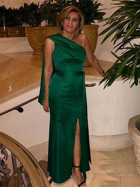 

casual dresses elegant dark green wedding party dress satin ruched oneshoulder sleeveless floorlength mother of the bride 230221, Black;gray