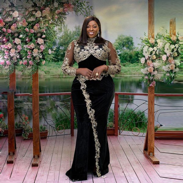 

party dresses velvet plus size evening side split high neck lace appliques prom aso ebi african long sleeves 230221, White;black
