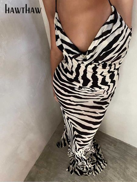 

casual dresses hawthaw women fashion sleeveless zabra printed split long maxi dress 2022 summer beach clothes wholesale items for business l, Black;gray