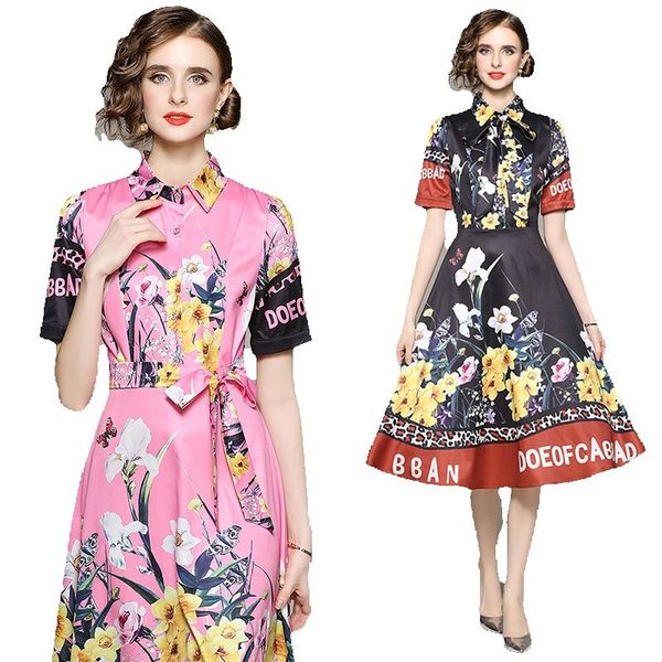 

2023 floral printing buttons midi dress short sleeve chic women casual office elegant sash a line dresses designer runway fitted ladies part, Black;gray