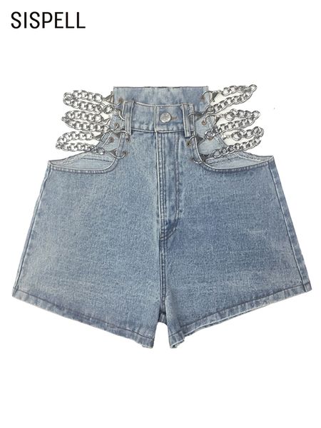 

women's shorts sispell fashion cut out pants for women high waist patchwork chain denim solid female summer clothing 230220, White;black