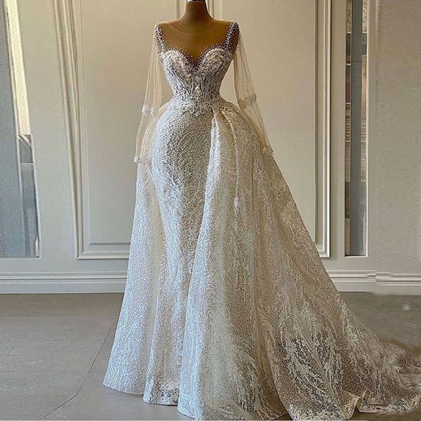

exquisite wedding dresses long sleeves v neck lace straps beaded sequins appliques detachable train sparkly diamonds bridal gowns plus size, White