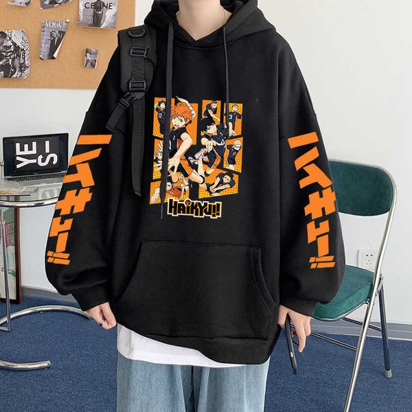 

men's hoodies sweatshirts haikyuu anime hoodies sweatshirts oversize hoodie men women fly high graphic streetwear pullover winter warm, Black
