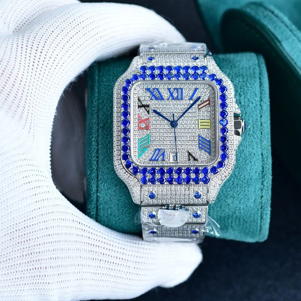 

full diamond mens watch automatic mechanical 8215 movement watches 40mm diamond-studded steel bracelet sapphire business wristwatches montre, Slivery;brown