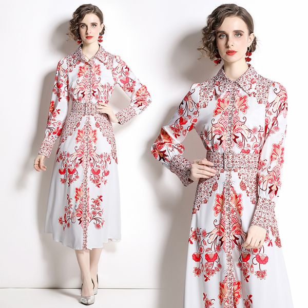 

2023 paisley floral shirt dresses long sleeve women designer robe sweet chic cafe slim a-line casual maxi dress spring autumn ladies vintage, Black;gray