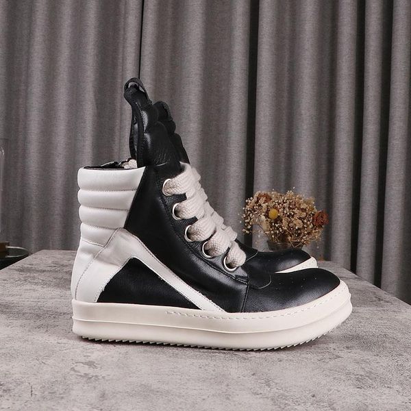 

men's high street casual shoes fashion rick women's leather shoes jumbo shoelace women shoe owens male sneakers size 34-48, Black