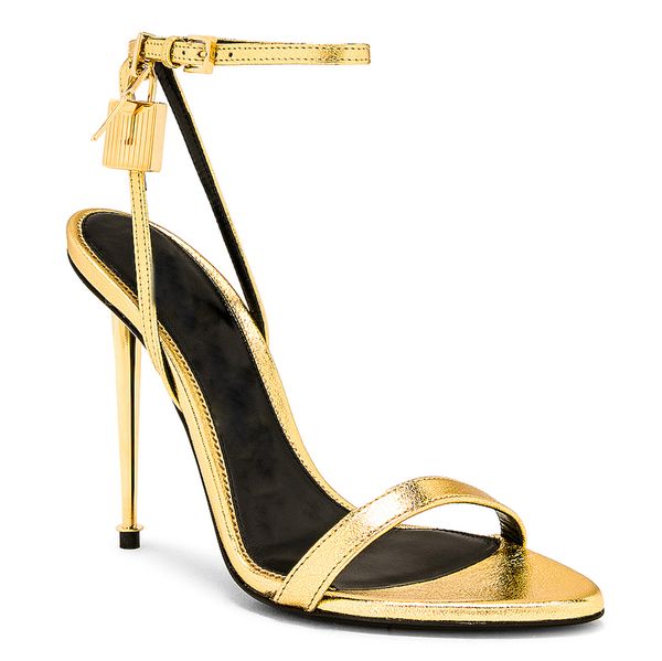 

slim heel sandals womens fashion open toe ankle strap buckle luxury designer 105mm catwalk summer satin gold padlock dress shoes ultra high, Black