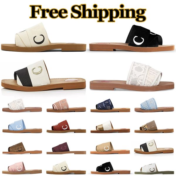 

designer sandals slides women slippers woody flat mules in canvas sneakers square toe lace embroidery leather clogs summer beach shoes beige, Black