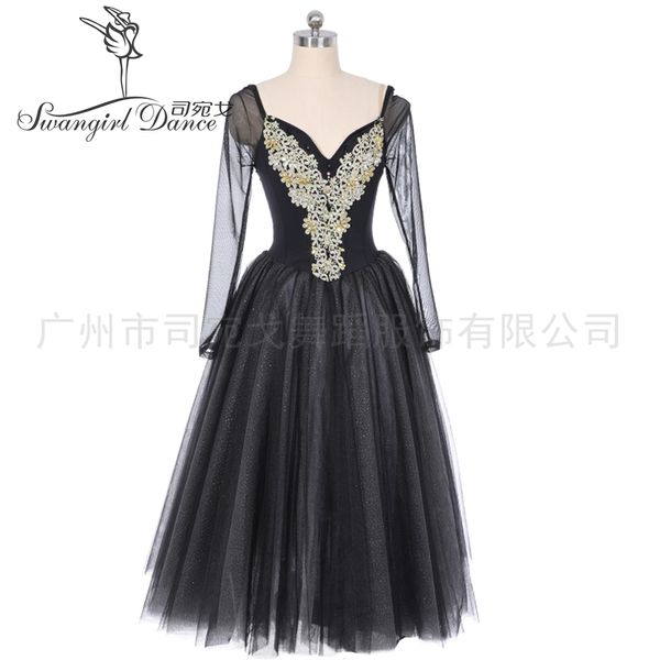 

black modern dance ballet grading competition performance dress long-sleeved professional performance evening dressbt4195, Black;red