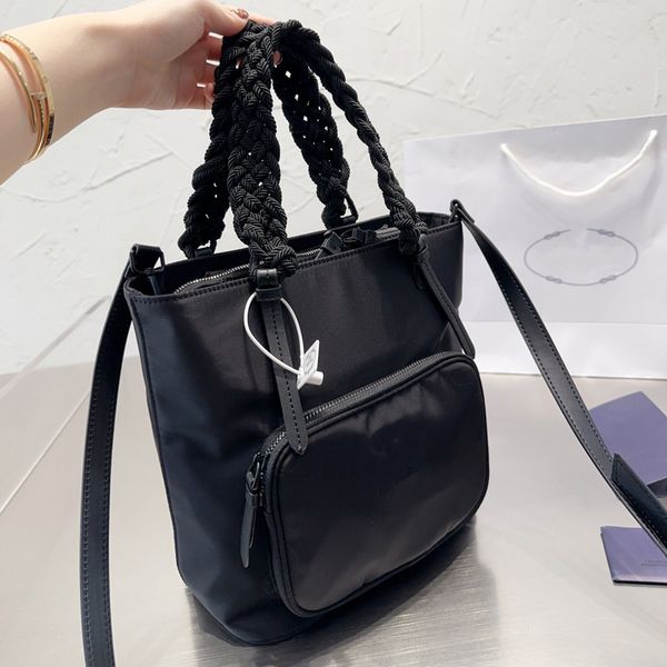 

nylon shoulder bag handbags large capacity shopping tote bags black hardware zipper closure knitting hand removable leather strap casual wom
