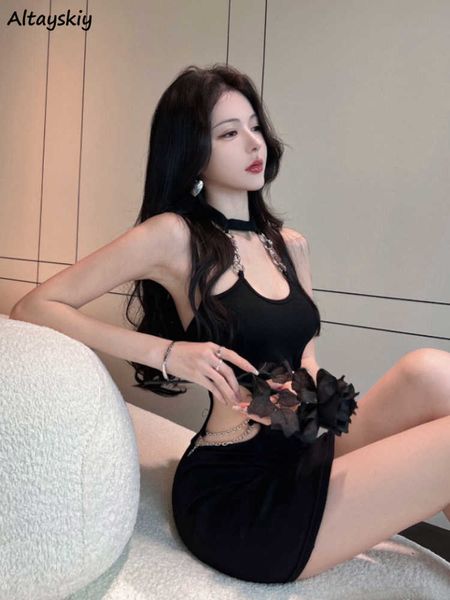 

casual dresses black sleeveless dress women chain cool summer streetwear harajuku all-match new design halter ins slim club l230221, Black;gray