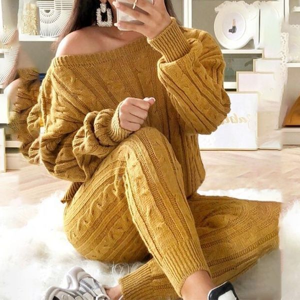 

women s tracksuits casual solid warm knitted women set two pieces o neck sweater trousers tracksuit winter lady outfits slim 230221, Gray