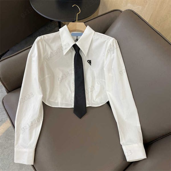 

short blouses shirts front metal triangle logo decorated lapel shirt black tie curved dress with long sleeves fashion designer women appare, White
