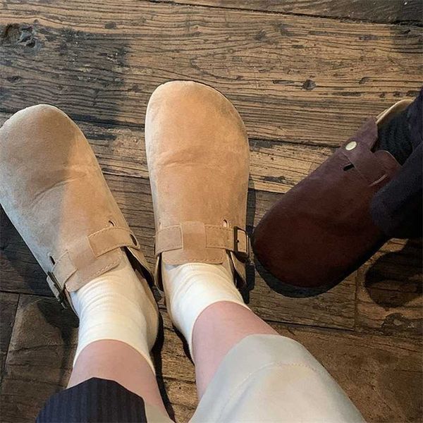 

slippers factory designer birkinstocks bucken slippers women's half-flat shoes spring and autumn korean version of ins frosted fashion, Black