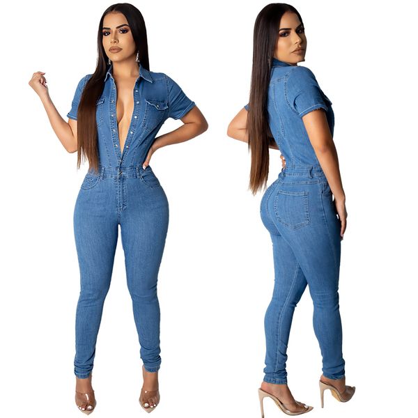 

summer casual fashion blue denim jumpsuit for women slim short sleeved pencil jeans skinny denim jumpsuit female, Black;white