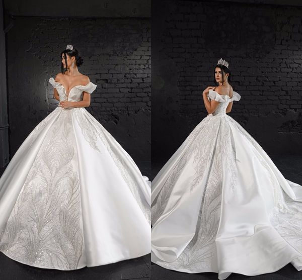 

bling sequined puffy skirt ball gown wedding dresses for women dubai arabian turkey off the shoulder princess bridal gowns chapel train vest, White