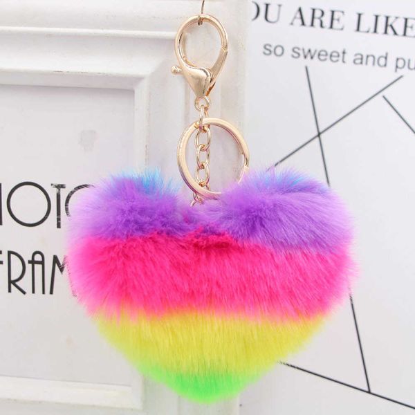

key rings fluffy pompom keychains gifts for women soft heart shape pompon fake rabbit key chain ball car bag accessories key ring j230222, Slivery;golden