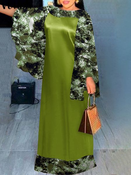 

casual dresses vonda women long dress bohemian long flare sleeve printed pleated maxi vestidos autumn vintage robe femme loose sundress 2302, Black;gray