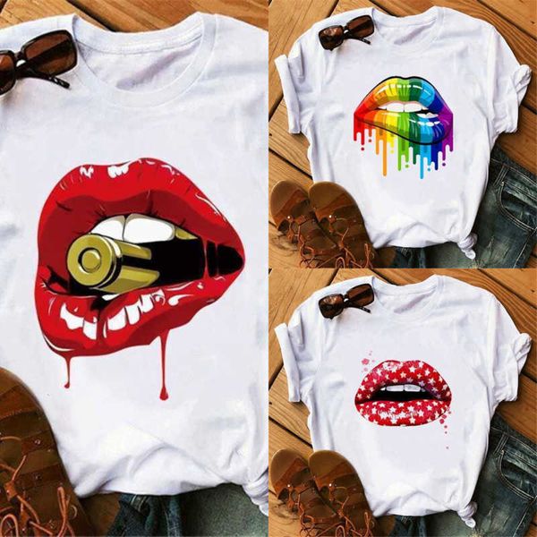 

retailer plus size 3xl 4xl women clothing t-shirt new short sleeve loose lips print shirts 19 color, White
