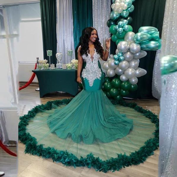 

african sheer neck mermaid prom dresses hunter green feather sweep train aso ebi evening gowns see through party dress, Black