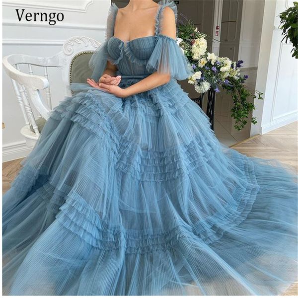 

party dresses verngo gorgeous dusty blue ruffled tulle evening long a line 2023 off shoulder sleeves tiered floor length prom gowns 230221, White;black