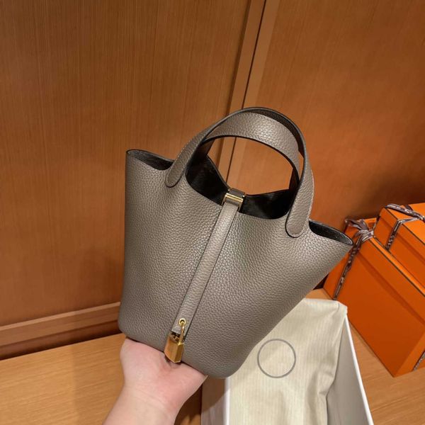 

aherbag wholesale designer h ormes totes handbags original tc leather handmade vegetable basket bag cm tin gray gold buckle large capacity w
