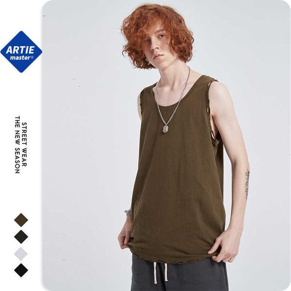 

men's vest artie men's wear | 2021 trendy street cut holes loose vest bottomed with sports inside, White;black