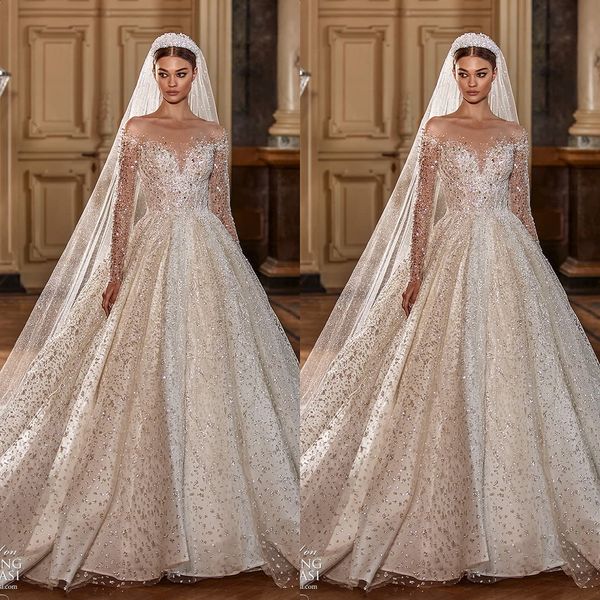 

junoesque a-line wedding dresses jewel long sleeves whole body shining sequins backless zipper floor length custom made plus size bridal dre, White