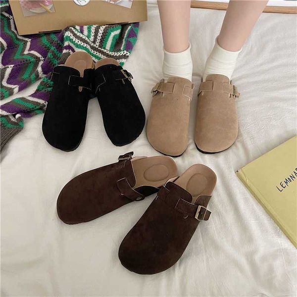

slippers factory designer birkinstocks bucken slippers women's half-flat shoes spring and autumn korean version of ins frosted fashion, Black