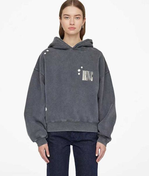 

anine bing women hoodie classic letter print sweatshirt hooded fashion pullover washed loose hoodies sports trend fashion 2023, Black