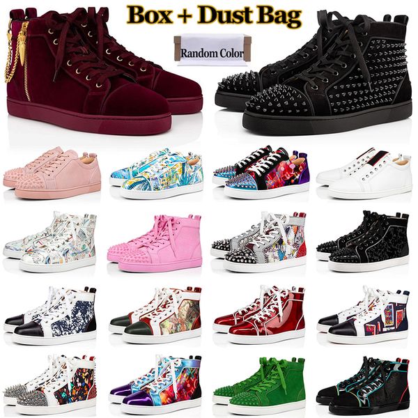 

red bottoms designer shoes luxury mens women high low casual sneakers studded spikes suede leather flat big size 13, Black