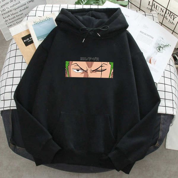 

men's hoodies sweatshirts roronoa zoro print hoodies men one piece anime sweatshirts hooded new male female fleece warm hooded pockets, Black