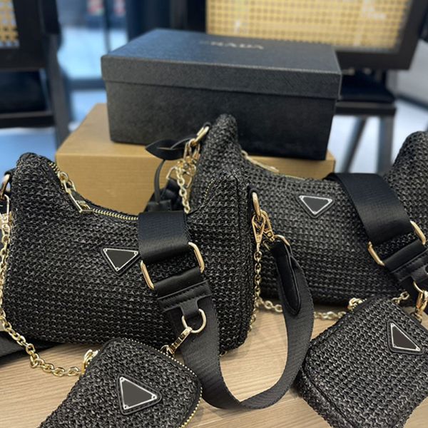 

raffi straw woven bag hobo axillary bags women handbag purse 3 in 1 crochet shoulder bags triangle sign wallet adjustable strap removable zi