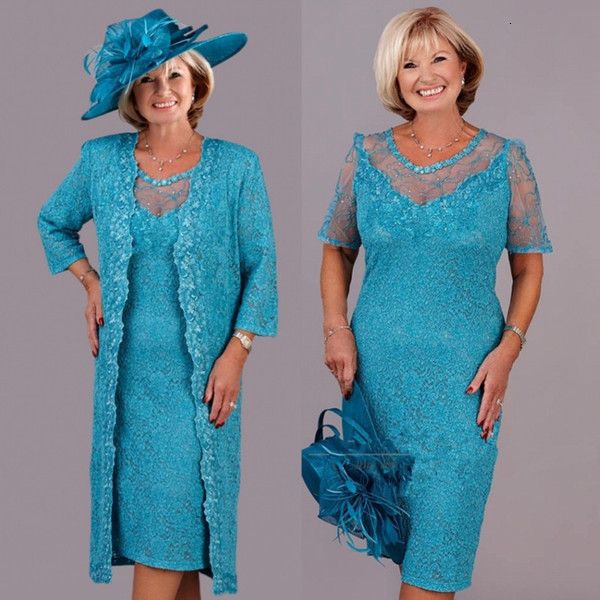 

casual dresses turquoise lace mother of the bride with wrap plus size tea length wedding party gowns vestidos de novia madrinha 230221, Black;gray