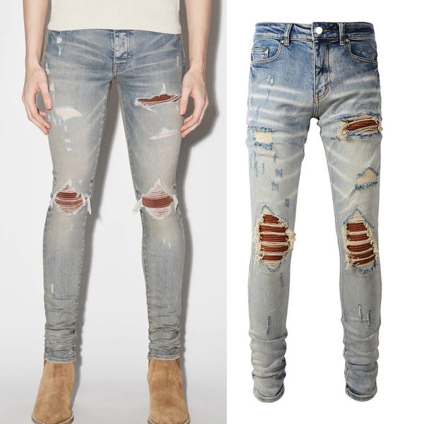 

big size 38 stretch denim jeans men's distressed slim fit leg denim, Blue