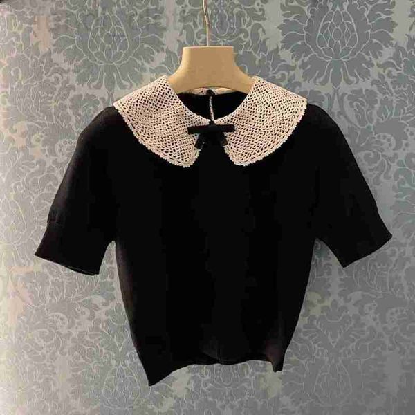 

women's t-shirt designer black short-sleeved knitwear hollowed-out flower doll collar slim thin bottom shirt spring and summer yb ynqt, White