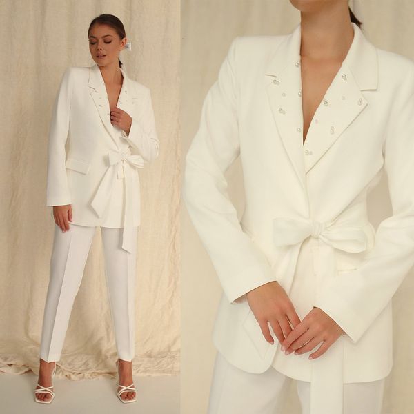 

casual dresses simple pearls mother of the bride custom made notched lapel lace up blazer pencil pants daily formal gown 230221, Black;gray