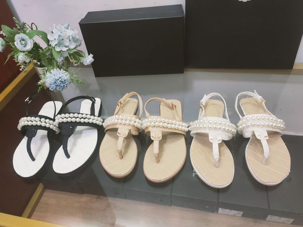 

women's pearl thong sandals quilted leather t-strap flip flops flat slide slingback mule summer 2023 shoes paris luxury flats slider gi, Black