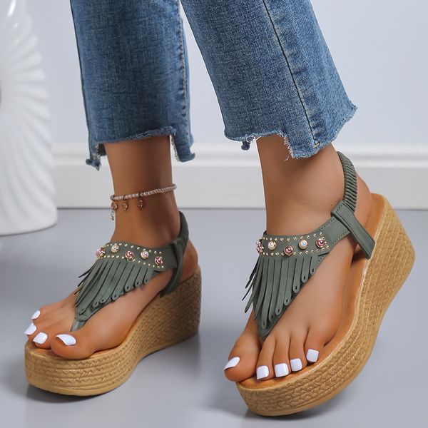 

sandals tassels clip toe summer women flower printed wedges woman plus size non slip casual shoes female 230220, Black