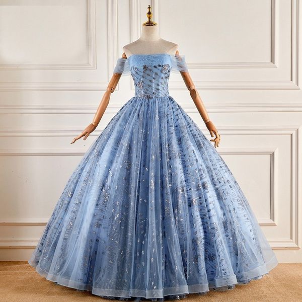 

party dresses shinny blue classic quinceanera esoff the shoulder ball gown luxury beading prom plus size for women 230221, White;black