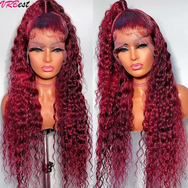 

synthetic wigs 99j colored lace front human hair deep wave burgundy 13x4 hd transparent frontal glueless wine red for women 230221, Black