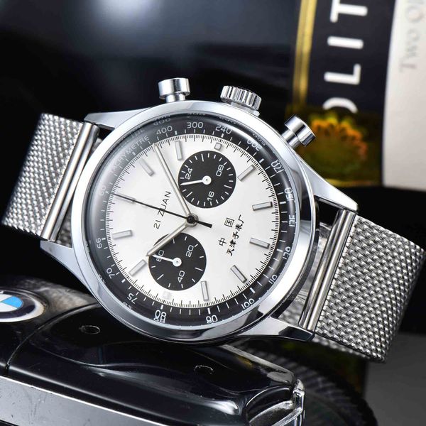 

2023 men's luxury quartz watch leisure fashion five-needle running second multi-function luminous waterproof steel band watches, Slivery;brown