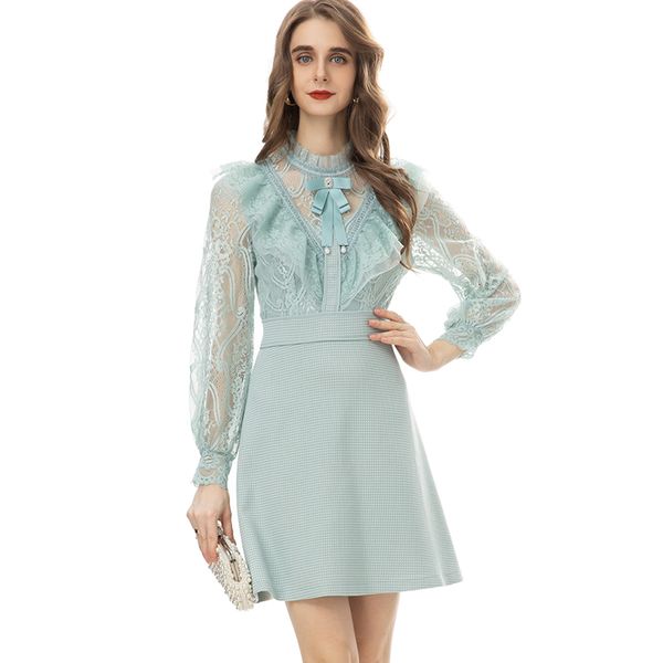 

women's runway dresses stand collar long sleeves embroidery lace patchwork fashion designer dress vestidos, Black