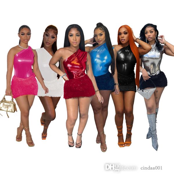 

summer slim short skirt two piece set bright leather bag buttocks knitted one shoulder women dress outfits, White