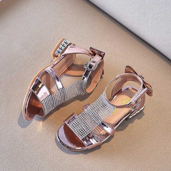 

sandals children's princess sandals students 2023 summer new sandals rhinestone bow fashion girl high heels soft sole sweet shoes h113, Black;red